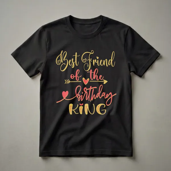 Black t-shirt with gold and coral glitter-effect text that reads 'Best Friend of the Birthday King'.