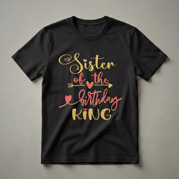 Black t-shirt with gold and coral red text that reads 'Sister of the Birthday King', featuring glitter effects and heart accents.