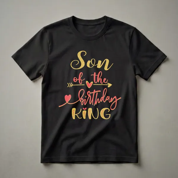 Black t-shirt with 'Son of the Birthday King' text graphic in gold and coral, featuring hearts and arrows.