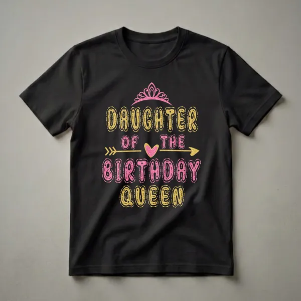 Black graphic t-shirt with glittery gold text reading 'DAUGHTER OF THE' and glittery pink text reading 'BIRTHDAY QUEEN', topped with a pink crown and a gold arrow.