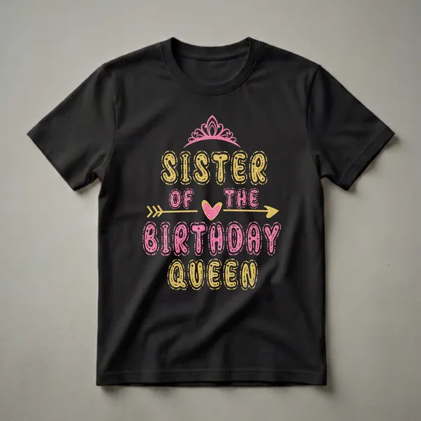 Black t-shirt with 'Sister of the Birthday Queen' text in glittery gold and pink lettering, a pink crown, and a gold arrow and heart.