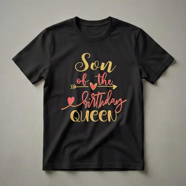Black t-shirt with gold and coral text that reads 'Son of the Birthday Queen', featuring decorative hearts and arrows.