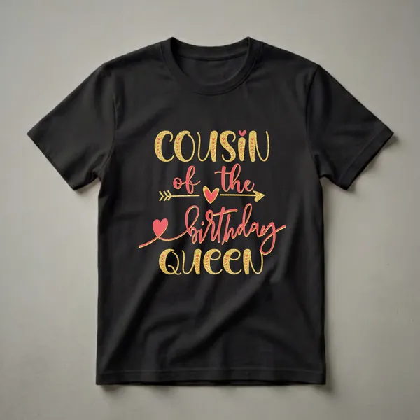 Black t-shirt with the text "Cousin of the Birthday Queen" in gold glitter and coral script, accented with hearts and arrows.