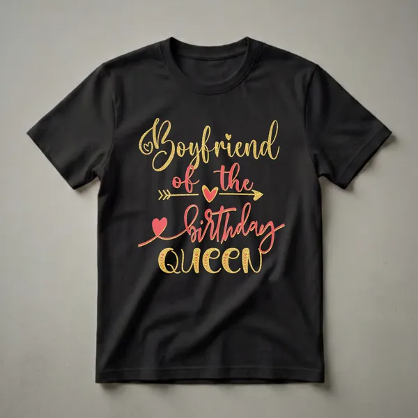 Black t-shirt with gold and red glitter script that reads 'Boyfriend of the Birthday Queen'.