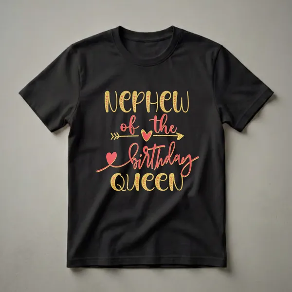 Black t-shirt with gold glitter text that reads 'NEPHEW of the birthday QUEEN' in coral red script and gold accents.