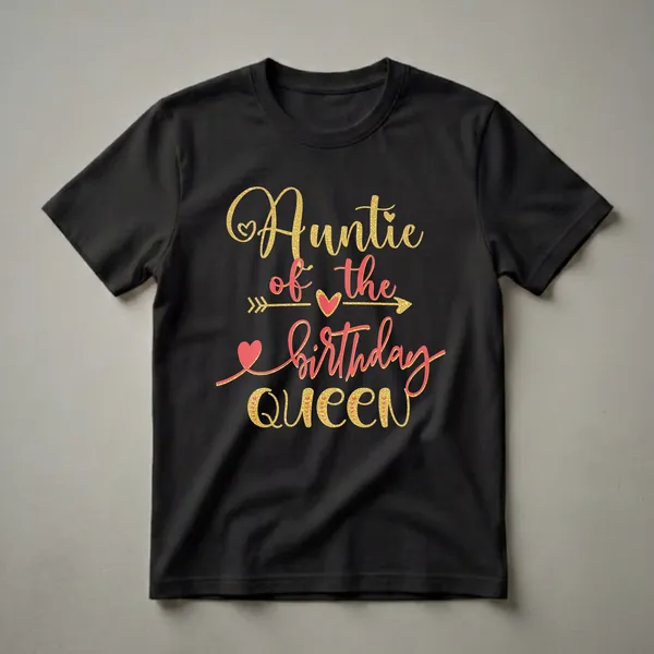 Black t-shirt with gold and coral text that reads 'Auntie of the Birthday Queen', featuring decorative hearts and arrows.