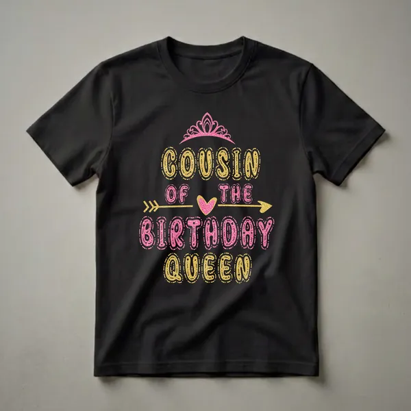 Black t-shirt with glittery gold and pink text that reads 'Cousin of The Birthday Queen', topped with a pink crown and a gold arrow through a pink heart.