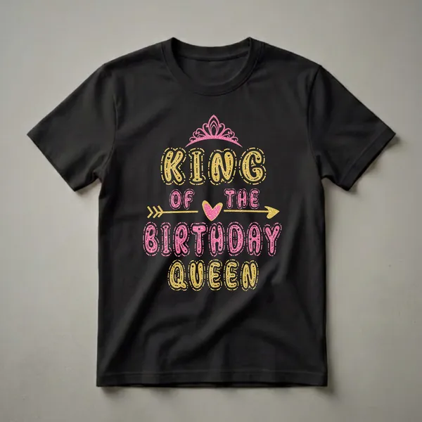 Black t-shirt with a graphic that reads 'KING OF THE BIRTHDAY QUEEN' in glittery gold and pink letters, topped with a pink crown and featuring a pink heart and gold arrows.