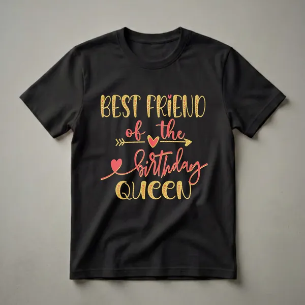 Black t-shirt with gold glitter-style and coral-red script text that reads 'BEST FRIEND of the BIRTHDAY QUEEN', featuring heart and arrow graphic elements.