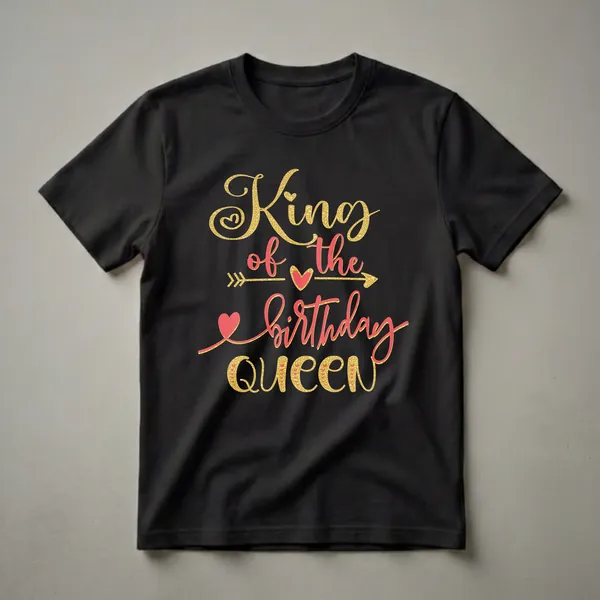 Black t-shirt with gold glitter and coral red script text that reads 'King of the Birthday Queen'.