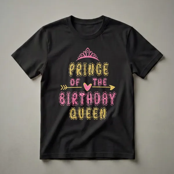 Black t-shirt with glittery gold and pink text that reads 'Prince of the Birthday Queen' and a pink crown.