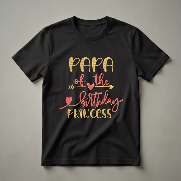 Black t-shirt with gold and red glitter-effect text that reads 'PAPA of the Birthday PRINCESS', decorated with hearts and arrows.