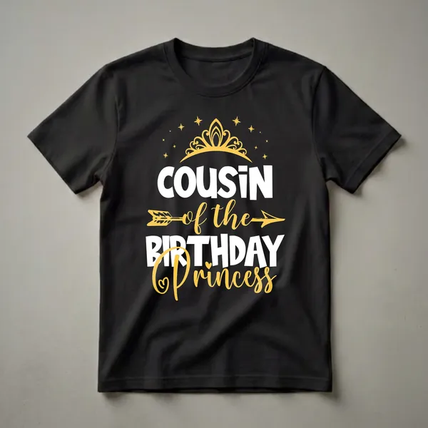Black t-shirt with white and gold text that reads "Cousin of the Birthday Princess" with a golden crown and scattered stars.