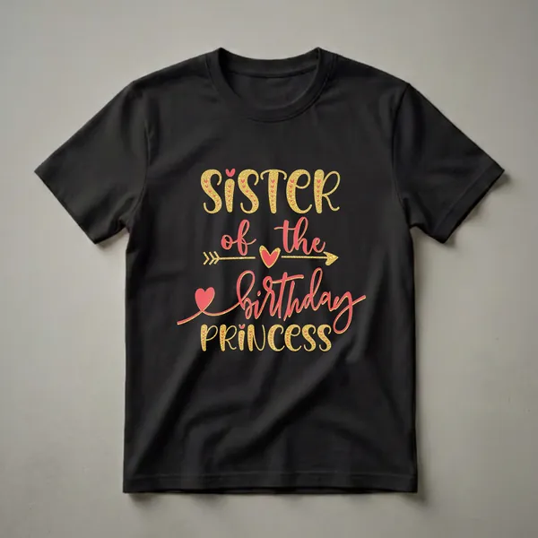 Black t-shirt with gold glitter textured text that reads 'Sister of the Birthday Princess', accented with pink hearts and an arrow.