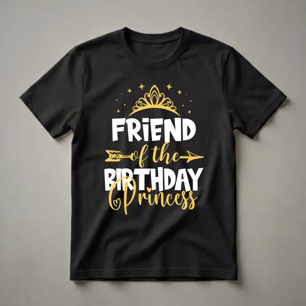 Black t-shirt with white and yellow text that reads 'FRIEND of the BIRTHDAY Princess', featuring a golden crown and stars.