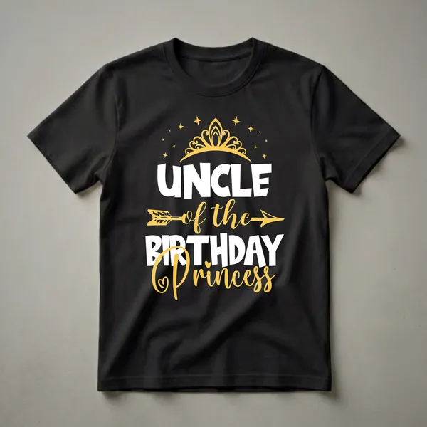 Black graphic t-shirt with white text 'UNCLE' and yellow script text 'of the BIRTHDAY PRINCESS', topped with a golden crown and stars.