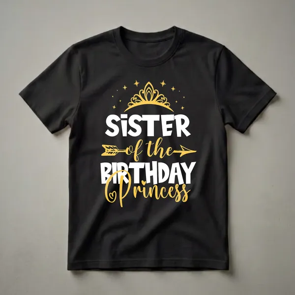 Black t-shirt with white and yellow text that reads 'Sister of the Birthday Princess', featuring a golden crown and scattered stars.