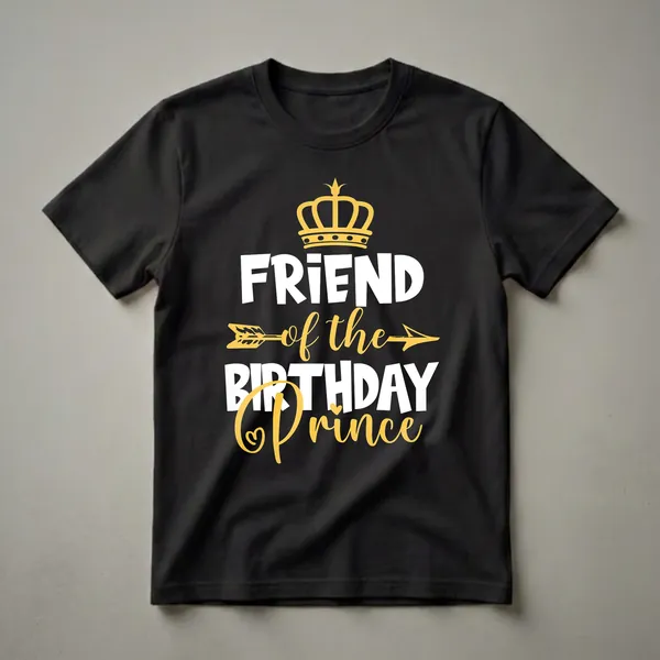 Black t-shirt with white and gold graphic that reads 'FRIEND of the BIRTHDAY Prince', featuring a crown and arrow.