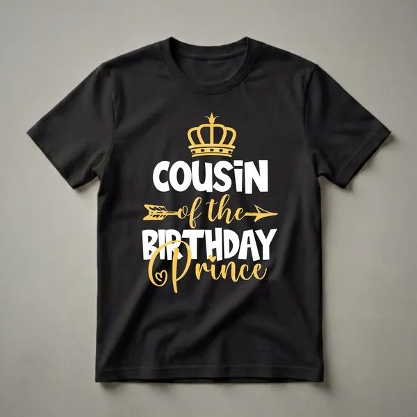 Black t-shirt with white and yellow text that reads 'Cousin of The Birthday Prince', featuring a gold crown and arrow graphic.
