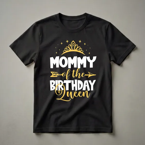 Black t-shirt with white and yellow text that reads 'Mommy Of The Birthday Queen', featuring a yellow crown and stars.