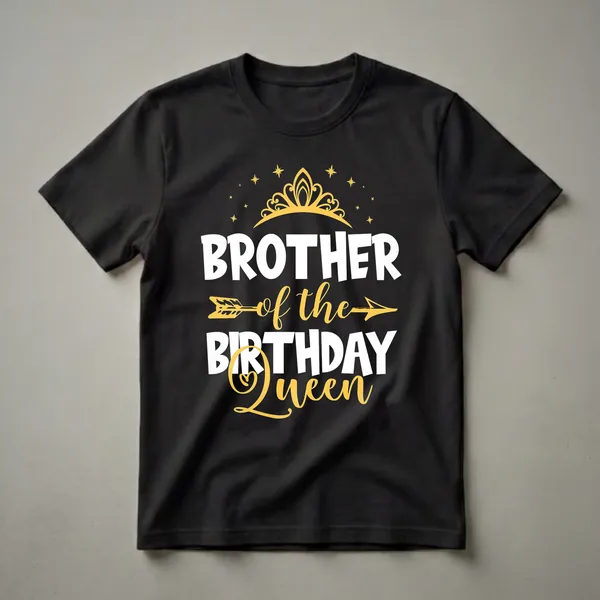 Black t-shirt with white and yellow text that reads 'Brother of the Birthday Queen' with a crown and stars graphic.