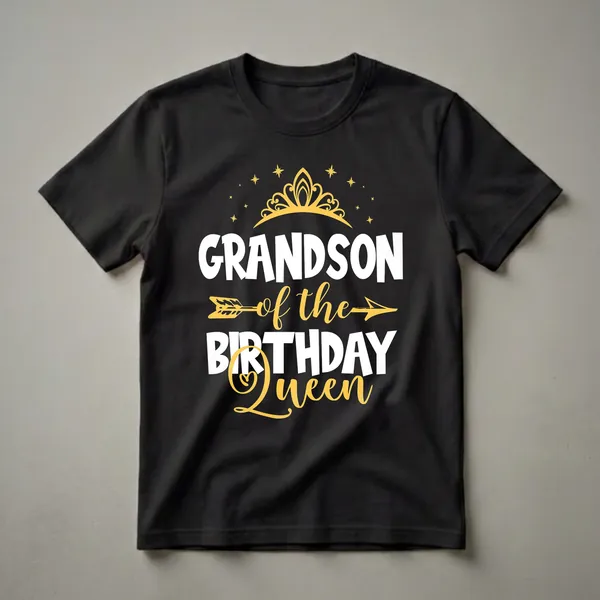 Black t-shirt with white and yellow text that reads "Grandson of The Birthday Queen", featuring a golden crown and arrow graphic.