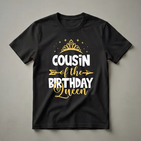 Black t-shirt with white and gold text that reads 'Cousin of the Birthday Queen', featuring a golden crown and scattered stars.