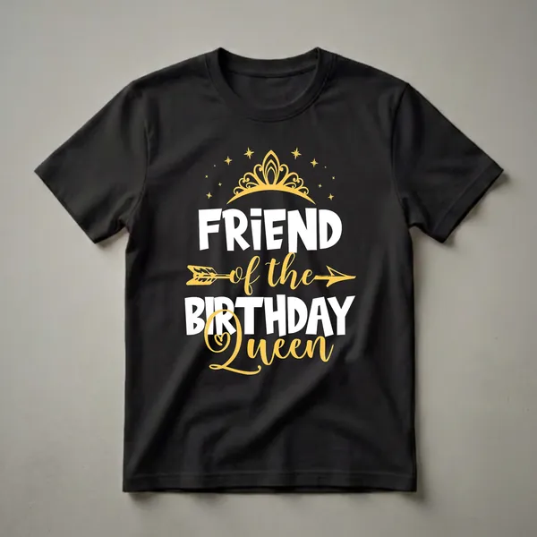 Black t-shirt with white and yellow graphic text that reads 'FRIEND of the BIRTHDAY Queen', topped with a golden crown and surrounded by stars.