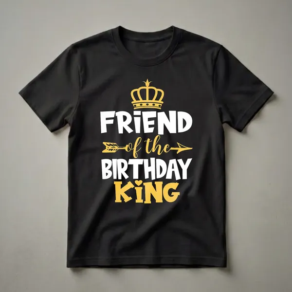 Black graphic t-shirt with white and yellow text that reads 'Friend of the Birthday King' and features a crown and arrow design.
