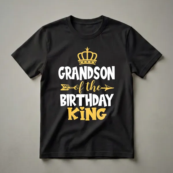 Black t-shirt with white and yellow text that reads 'GRANDSON of the BIRTHDAY KING', featuring a golden crown and arrow graphic.