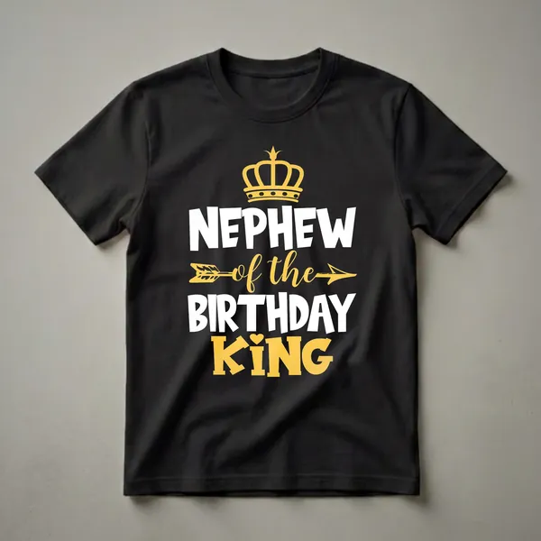 Black t-shirt with white and yellow text that reads 'Nephew of the Birthday King', featuring a yellow crown and arrow graphic.