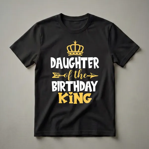 Black t-shirt with white and gold graphic that reads 'Daughter of the Birthday King' with a crown and arrow.