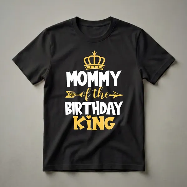 Black t-shirt with white and yellow text that reads 'Mommy Of The Birthday King', featuring a crown and arrow graphic.