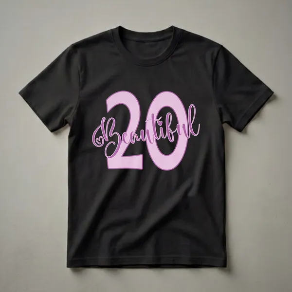 A graphic t-shirt design featuring the number 20 in light pink with purple outline, and the word 'Beautiful' in purple script with a small heart detail.