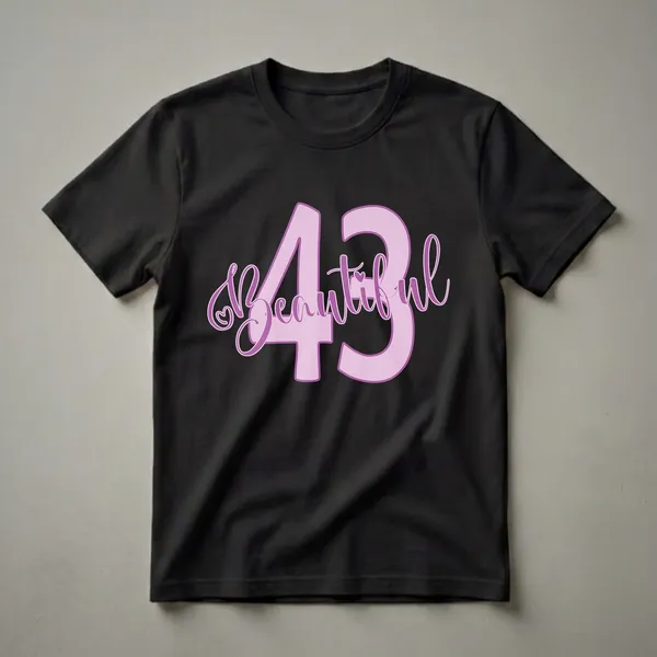 Lavender and purple graphic t-shirt featuring the number 43 with the word 'Beautiful' and a small heart.