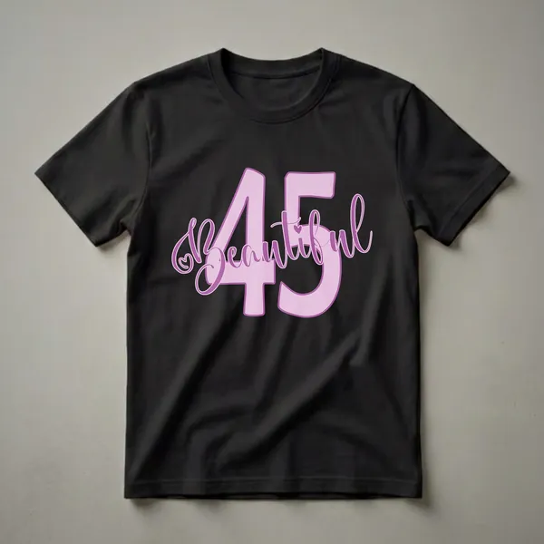 Pastel purple graphic t-shirt with the number 45 and the word 'Beautiful' in a script font, celebrating a 45th birthday.