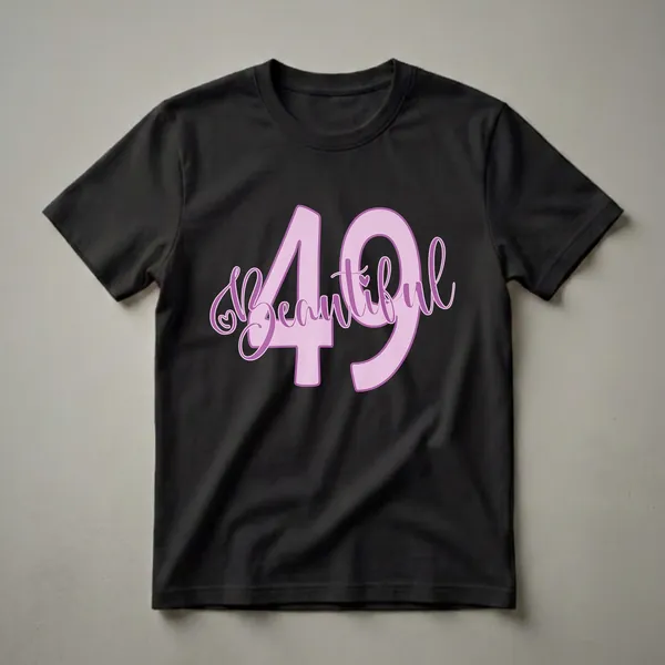 Lavender graphic t-shirt with the number 49 and the word 'Beautiful' in script font, accented with small hearts, for a 49th birthday celebration.