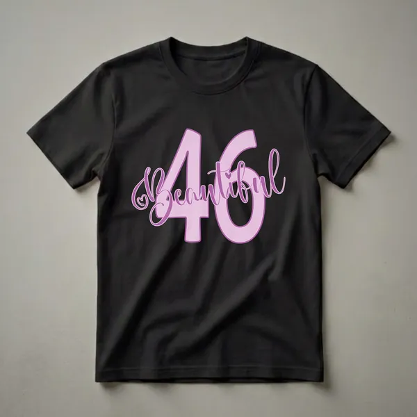 Light purple graphic design with the number 46 and the word 'Beautiful' in script font, accented with small hearts, on a black background.
