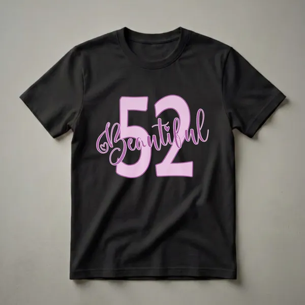 Light pink and dark pink graphic t-shirt design featuring the number 52 and the word Beautiful with heart accents.