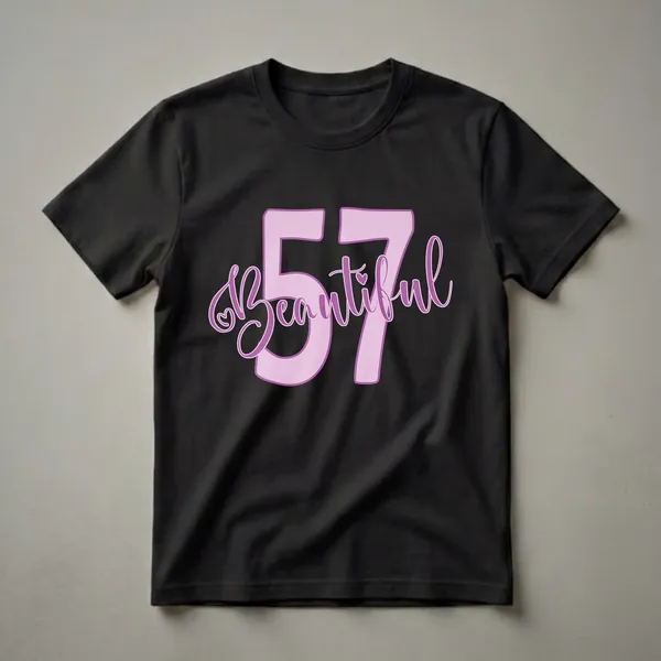 Light pink graphic with purple outline showing the number 57 and the word 'Beautiful' in script font, with heart accents, on a black background.