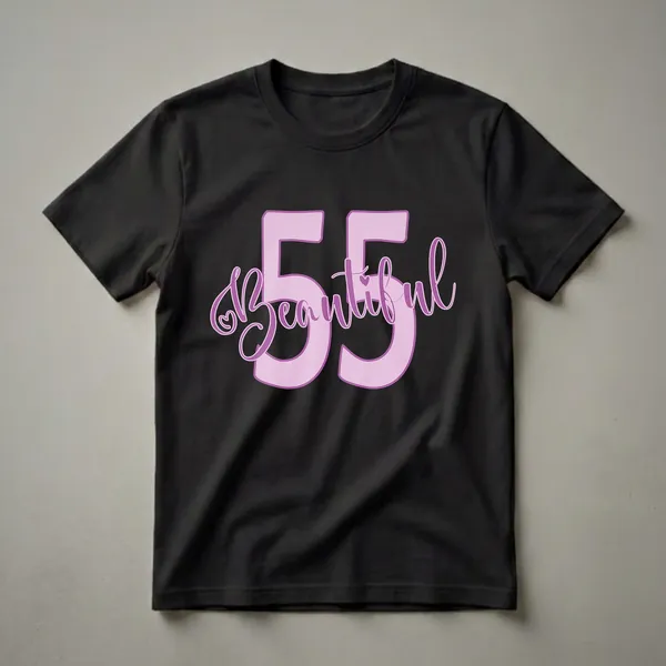 Light pink graphic with the number 55 and the word 'Beautiful' in darker pink script, symbolizing a 55th birthday celebration for women.