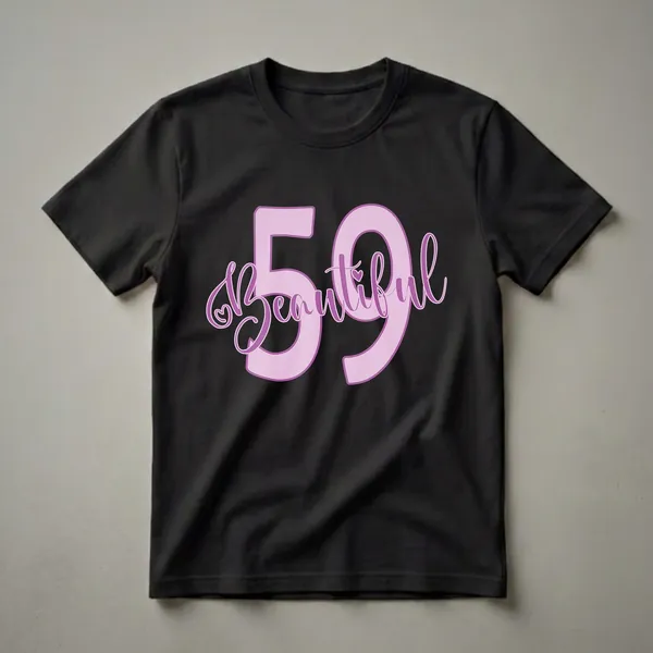 Light pink graphic t-shirt with the number 59 and the word 'Beautiful' in purple script, featuring small heart accents.