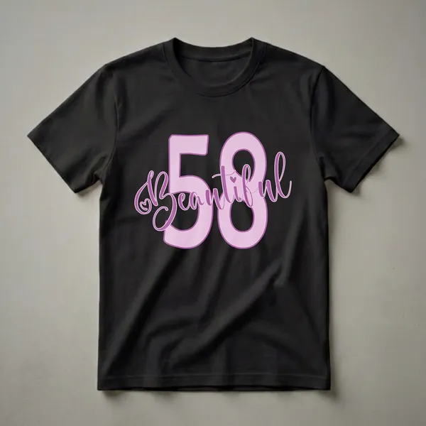 A graphic design featuring the number 58 in light pink with a purple outline, and the word 'Beautiful' written in purple script integrated into the numbers, with a small heart accent.