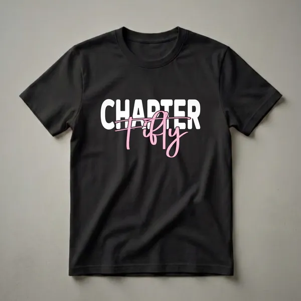 Black t-shirt with white block text 'CHAPTER' and pink script text 'Fifty' with a pink line through it, celebrating a 50th birthday.