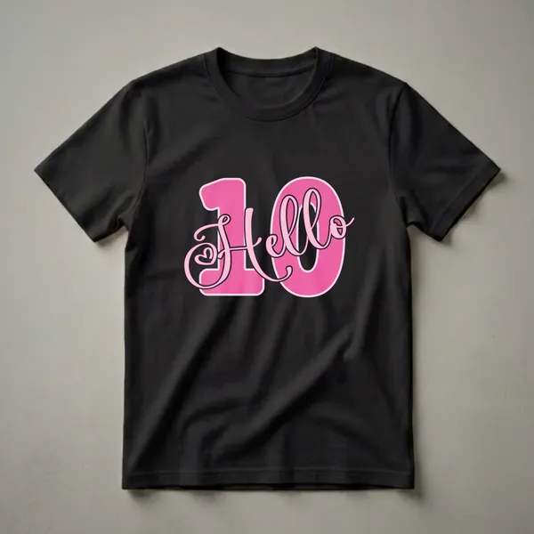 Pink 'Hello 10' graphic t-shirt with a heart detail, designed for a 10th birthday celebration.