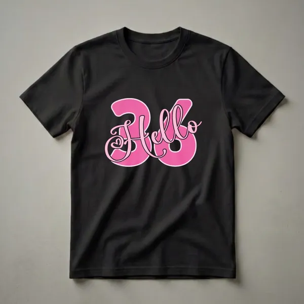Pink and light pink 'Hello 36' graphic t-shirt with black outlines, designed for women celebrating their 36th birthday.