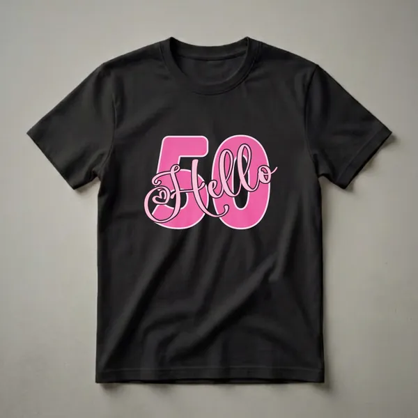 Pink graphic t-shirt with bold '50' and 'Hello' text, featuring a heart detail in the 'o' of 'Hello'.