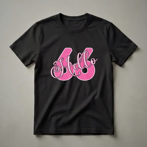 A black t-shirt featuring the graphic 'Hello 66' in pink script and bubble font with a black outline.
