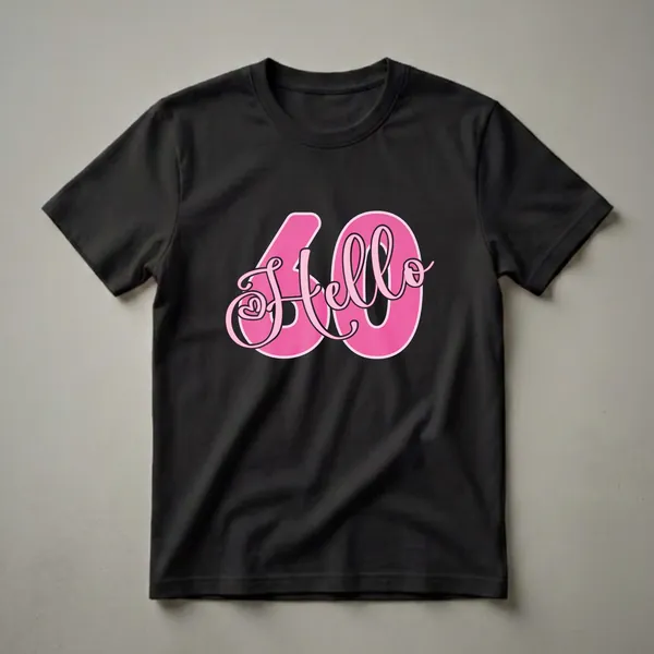 A black t-shirt featuring the graphic 'Hello 60' in bright pink with a darker pink outline, celebrating a 60th birthday.
