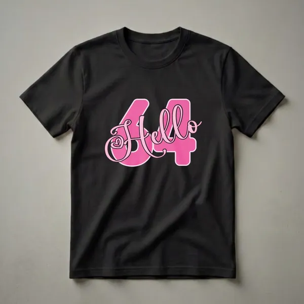 Pink graphic t-shirt with the text 'Hello 64' in a playful font, designed for women celebrating their 64th birthday.